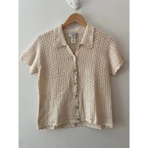 Vintage Freeport Studio Crochet Knit Polo Shirt Cream Cottagecore Cardigan S